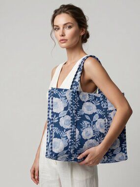 Floral Block Printed Tote Bag, Cotton Quilted Travel Bag, Eco Friendly Tote Bag